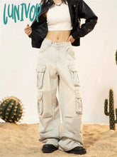 Lunivop Women’s Multi Pocket Design Straight Wide Legs Vintage Jeans Cool Girl High Waisted Cargo